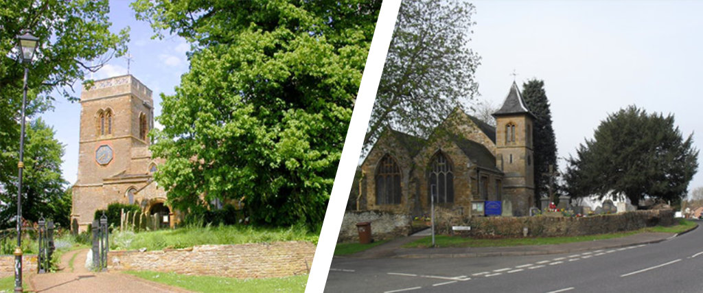 A split image of St Andrews church and All Saints church in billing.